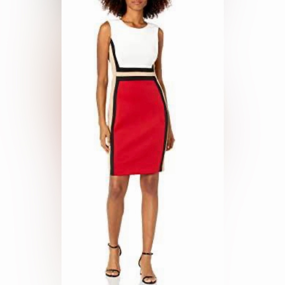 Calvin Klein Sleeveless 4 Color Block Scuba Sheath Dress Red, White, Tan, Black